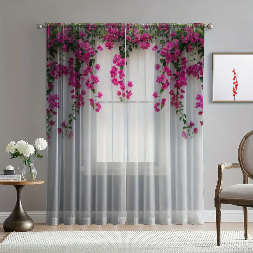 Гардина тюль Бегонії малинові квіти зелені листя каскад 4 принт ВСІ розміри
