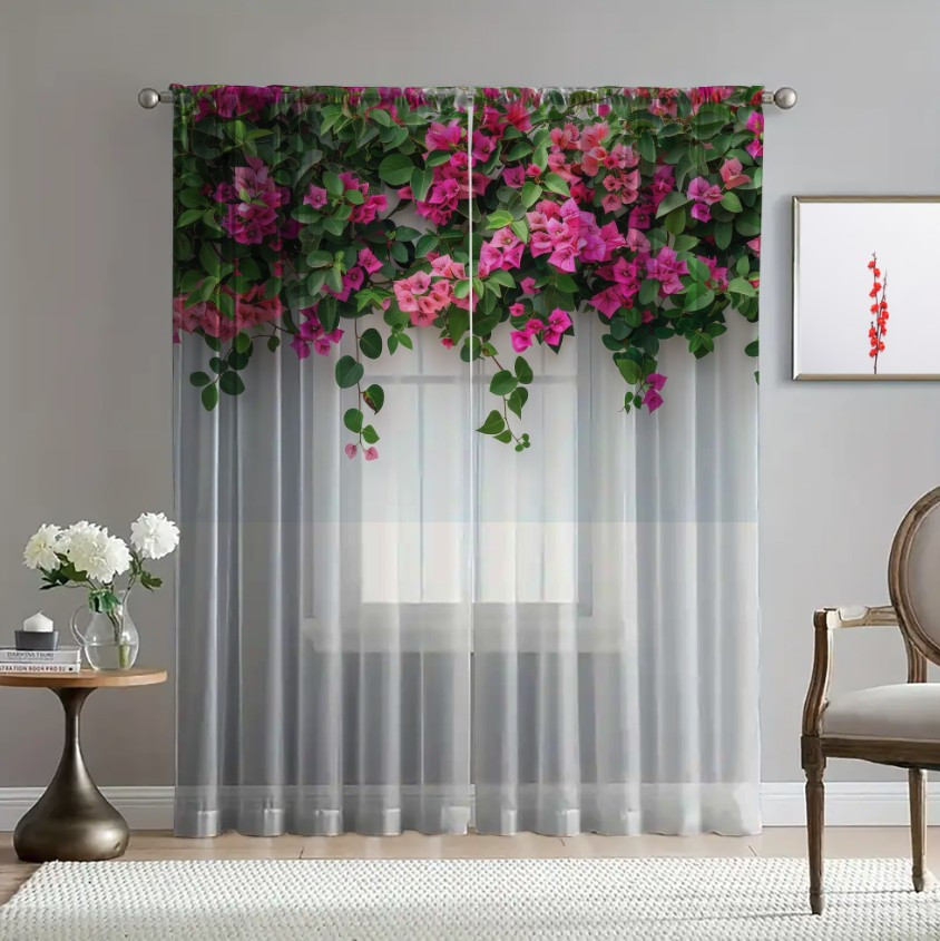 Гардина тюль Бегонії малинові квіти зелені листя каскад принт ВСІ розміри