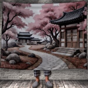 Плед Японський пейзаж з будівлями будинками та квітучою сакурою 150х200 см