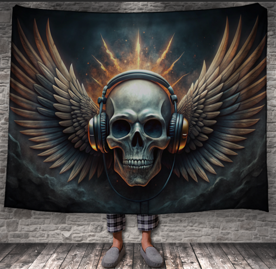 Плед Череп у навушниках з крилами готика 150х200 см