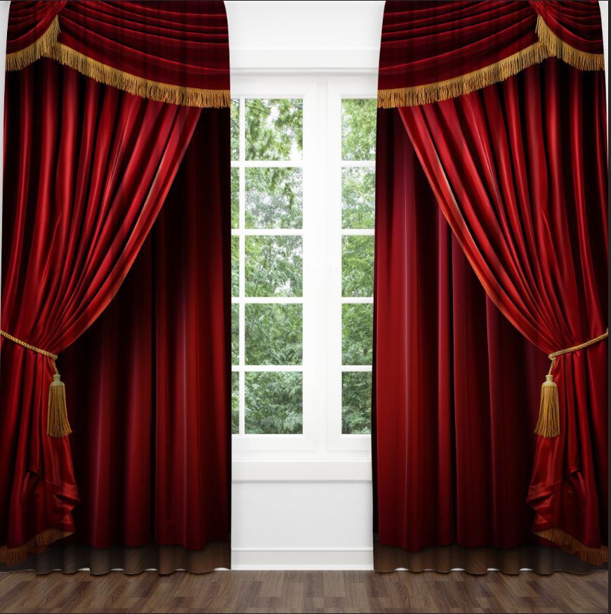 Штори Червоні оксамитові театральні завіси з золотою бахромою Кінотеатр Фотоштора ВСІ розміри