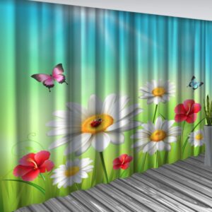 Штори Яскравий весняний пейзаж Ромашки Гібіскус Метелики Фотоштора ВСІ розміри
