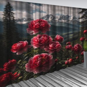 Штори Червоні півонії Гірські вершини та ліс 5 Фотоштора ВСІ розміри