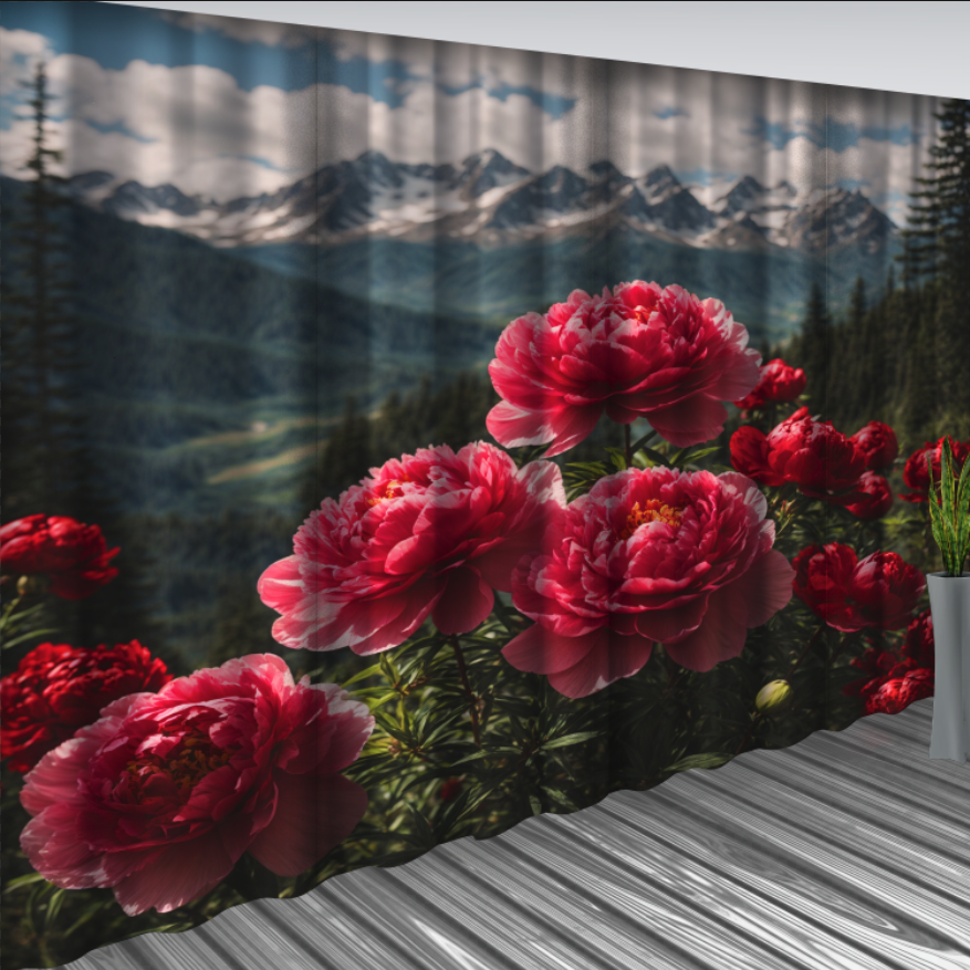 Штори Червоні півонії Гірські вершини та ліс Фотоштора ВСІ розміри