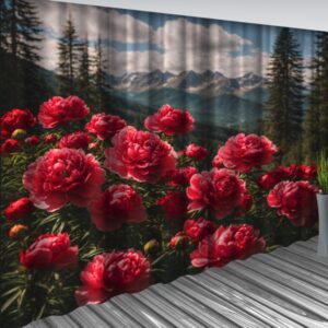 Штори Червоні півонії Гірський пейзаж із лісом Фотоштора ВСІ розміри
