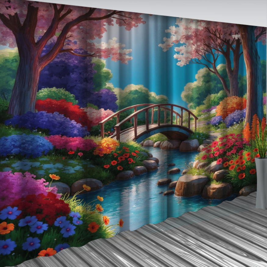 Штори Яскравий сад Казковий сад з містком Ліс Фотоштора ВСІ розміри