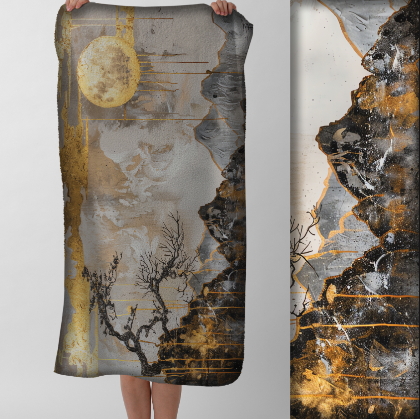 Рушник Японський пейзаж скелі дерево місяць пляжний з принтом ВСІ розміри