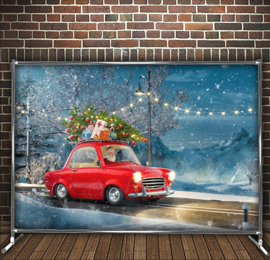 Фотозона банер press wall Червоне ретро авто різдво Всі розміри