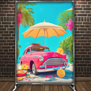 Фотозона банер press wall Рожеве ретро авто літо пляж Всі розміри