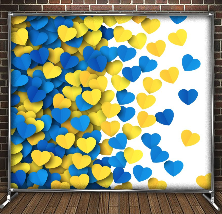 Фотозона банер press wall Жовто блакитні серця 1 Всі розміри